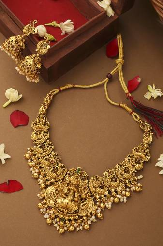 Gold Plated Laxmi Motif Necklace Set With Earrings