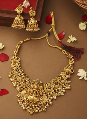 Gold Plated Laxmi Motif Necklace Set With Earrings 2