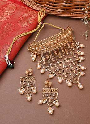 Traditional Gold Plated Long Choker Set With Attached Chains 1