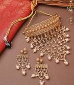 Traditional Gold Plated Long Choker Set With Attached Chains