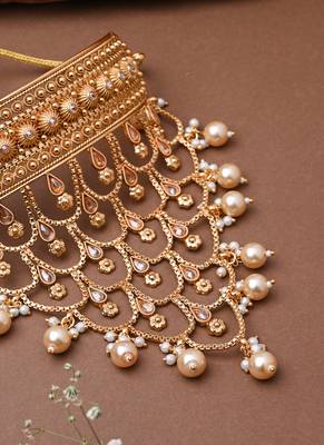 Traditional Gold Plated Long Choker Set With Attached Chains 3