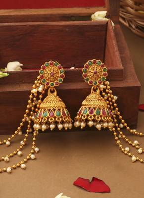 Multicolour Jhumkas With Attached Ear Chain 1