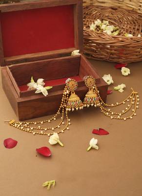 Multicolour Jhumkas With Attached Ear Chain 2