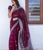 Maroon woven cotton silk saree with blouse