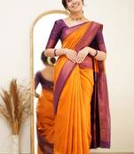 Orange woven banarasi silk saree with blouse