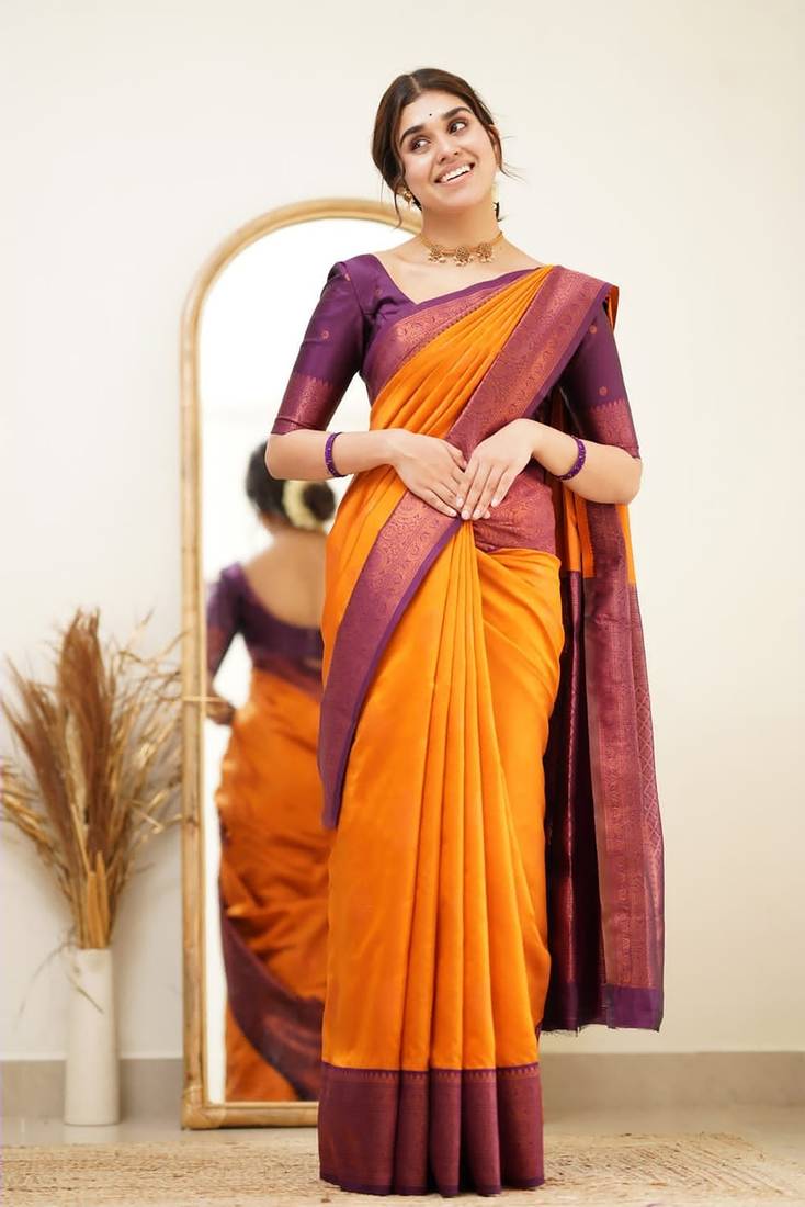 Orange woven banarasi silk saree with blouse