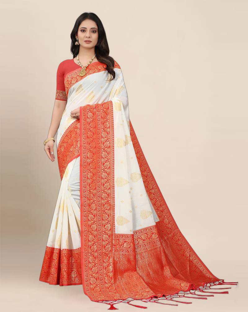 White woven banarasi silk saree with blouse