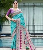 Firozi Soft katan silk blend Zari Weaving Saree Festive Wear