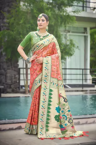 Orange Soft katan silk blend Zari Weaving Saree Festive Wear