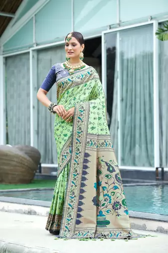 Pista Soft katan silk blend Zari Weaving Saree Festive Wear