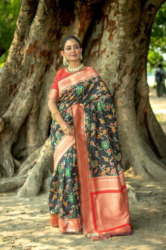 Black Soft katan silk blend Zari Weaving Saree Festive Wear