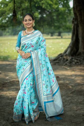 Sky Soft katan silk blend Zari Weaving Saree Festive Wear