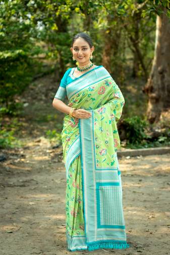Green Soft katan silk blend Zari Weaving Saree Festive Wear