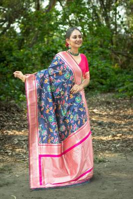 Navy Blue Soft katan silk blend Zari Weaving Saree Festive Wear 1