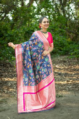 Navy Blue Soft katan silk blend Zari Weaving Saree Festive Wear