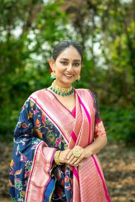 Navy Blue Soft katan silk blend Zari Weaving Saree Festive Wear 3