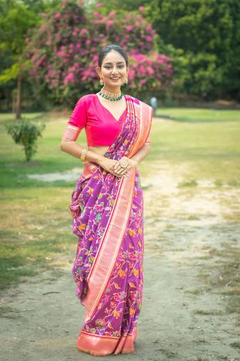 Purple Soft katan silk blend Zari Weaving Saree Festive Wear