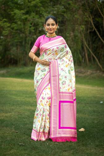 Cream Soft katan silk blend Zari Weaving Saree Festive Wear