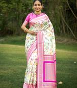 Cream Soft katan silk blend Zari Weaving Saree Festive Wear