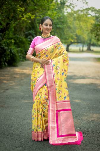 Yellow Soft katan silk blend Zari Weaving Saree Festive Wear