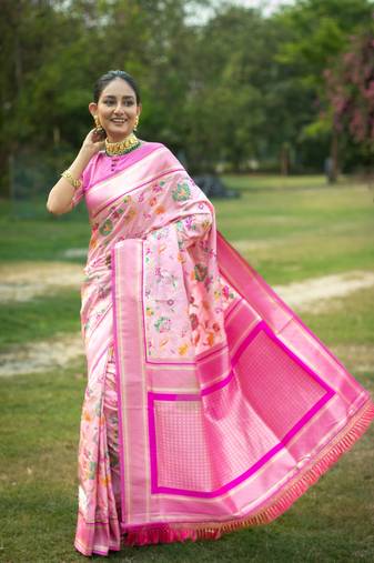 Pink Soft katan silk blend Zari Weaving Saree Festive Wear