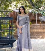Grey Soft Resham Silk Zari Weaving Saree Festive Wear