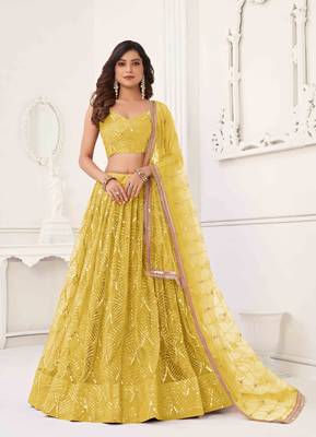 YELLOW NET FABRIC LEHENGA CHOLI WITH SEQUINS AND THREAD EMBROIDERY WORK 1