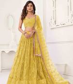 YELLOW NET FABRIC LEHENGA CHOLI WITH SEQUINS AND THREAD EMBROIDERY WORK