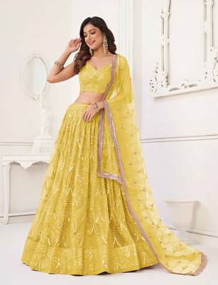 YELLOW NET FABRIC LEHENGA CHOLI WITH SEQUINS AND THREAD EMBROIDERY WORK 2
