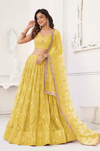 YELLOW NET FABRIC LEHENGA CHOLI WITH SEQUINS AND THREAD EMBROIDERY WORK