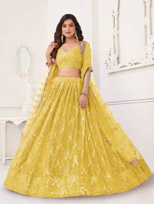 YELLOW NET FABRIC LEHENGA CHOLI WITH SEQUINS AND THREAD EMBROIDERY WORK 3