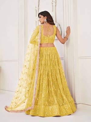 YELLOW NET FABRIC LEHENGA CHOLI WITH SEQUINS AND THREAD EMBROIDERY WORK 4