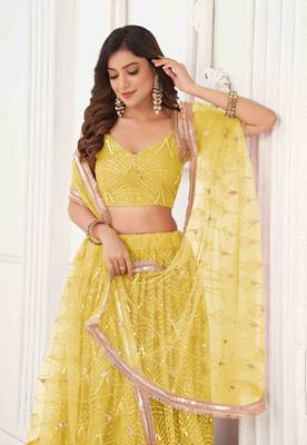YELLOW NET FABRIC LEHENGA CHOLI WITH SEQUINS AND THREAD EMBROIDERY WORK 5