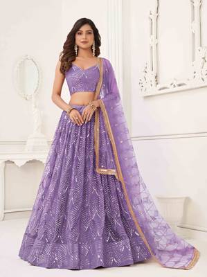 LAVENDER NET FABRIC LEHENGA CHOLI WITH SEQUINS AND THREAD EMBROIDERY WORK 1