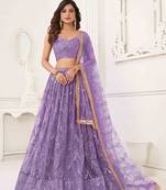 LAVENDER NET FABRIC LEHENGA CHOLI WITH SEQUINS AND THREAD EMBROIDERY WORK