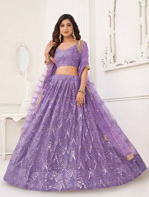 LAVENDER NET FABRIC LEHENGA CHOLI WITH SEQUINS AND THREAD EMBROIDERY WORK 2
