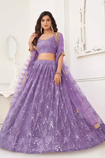 LAVENDER NET FABRIC LEHENGA CHOLI WITH SEQUINS AND THREAD EMBROIDERY WORK