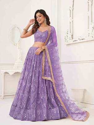 LAVENDER NET FABRIC LEHENGA CHOLI WITH SEQUINS AND THREAD EMBROIDERY WORK 3