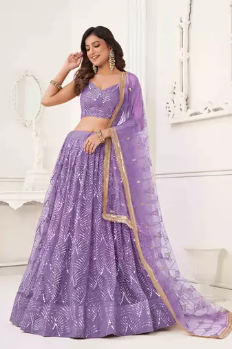 LAVENDER NET FABRIC LEHENGA CHOLI WITH SEQUINS AND THREAD EMBROIDERY WORK