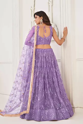 LAVENDER NET FABRIC LEHENGA CHOLI WITH SEQUINS AND THREAD EMBROIDERY WORK