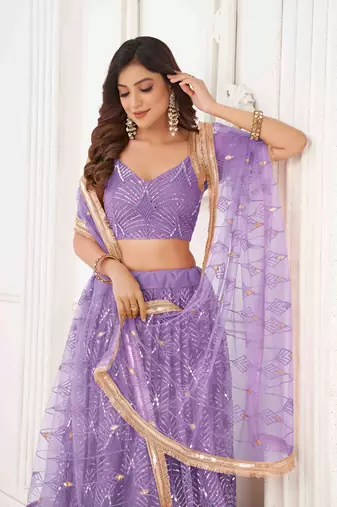 LAVENDER NET FABRIC LEHENGA CHOLI WITH SEQUINS AND THREAD EMBROIDERY WORK