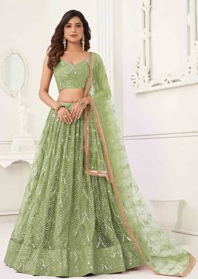 PISTA GREEN NET FABRIC LEHENGA CHOLI WITH SEQUINS AND THREAD EMBROIDERY WORK 1