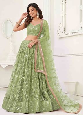 PISTA GREEN NET FABRIC LEHENGA CHOLI WITH SEQUINS AND THREAD EMBROIDERY WORK 2