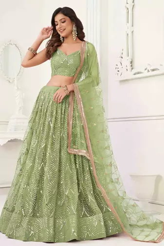 PISTA GREEN NET FABRIC LEHENGA CHOLI WITH SEQUINS AND THREAD EMBROIDERY WORK