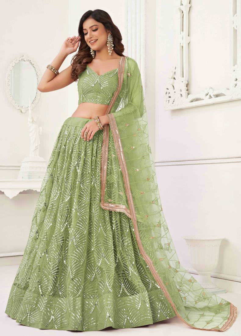 PISTA GREEN NET FABRIC LEHENGA CHOLI WITH SEQUINS AND THREAD EMBROIDERY WORK