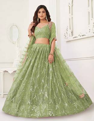 PISTA GREEN NET FABRIC LEHENGA CHOLI WITH SEQUINS AND THREAD EMBROIDERY WORK 3