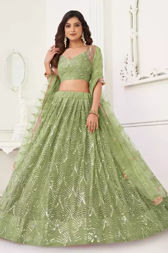 PISTA GREEN NET FABRIC LEHENGA CHOLI WITH SEQUINS AND THREAD EMBROIDERY WORK