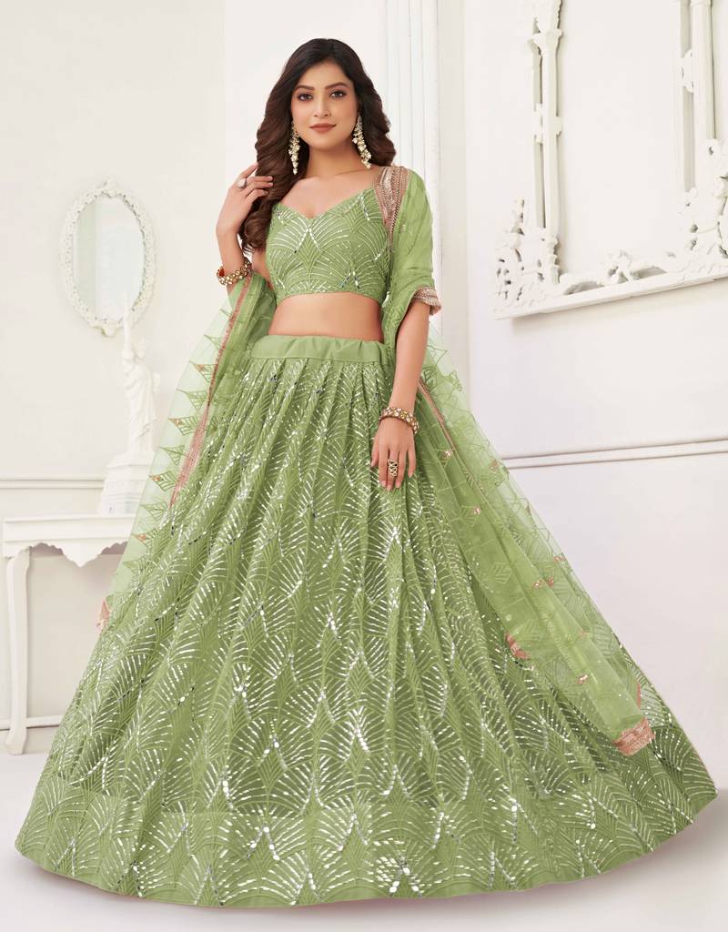 PISTA GREEN NET FABRIC LEHENGA CHOLI WITH SEQUINS AND THREAD EMBROIDERY WORK