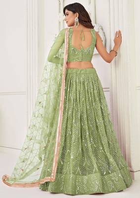 PISTA GREEN NET FABRIC LEHENGA CHOLI WITH SEQUINS AND THREAD EMBROIDERY WORK 4