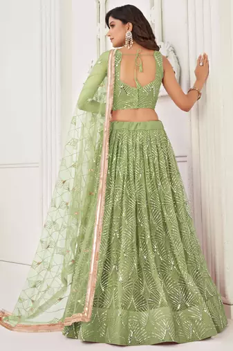PISTA GREEN NET FABRIC LEHENGA CHOLI WITH SEQUINS AND THREAD EMBROIDERY WORK